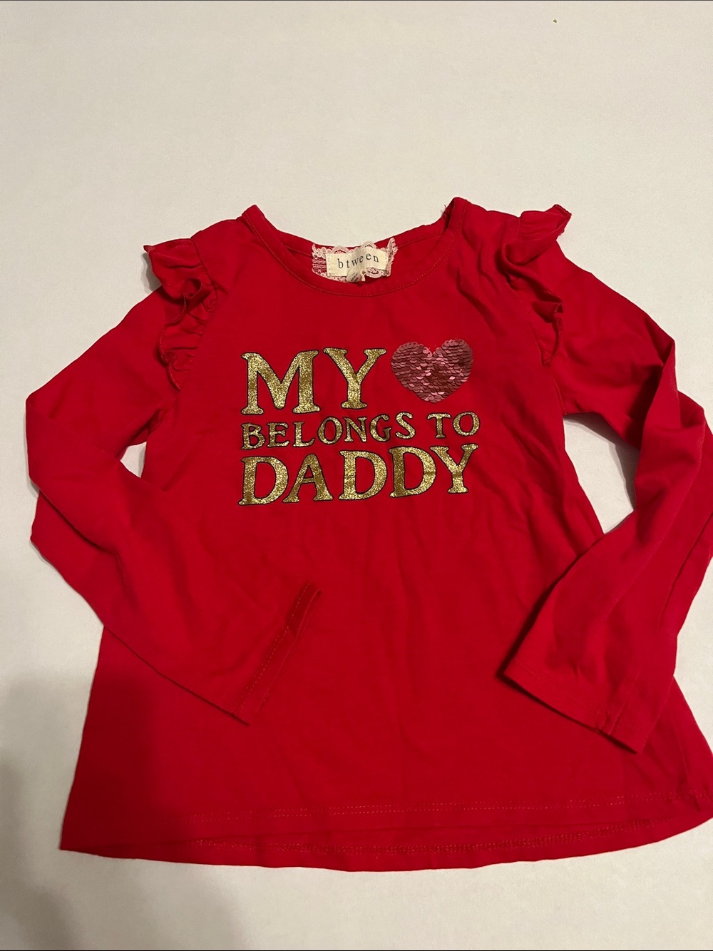 btween Red Long Sleeve Top with Gold Foil Slogan and Sequin Heart